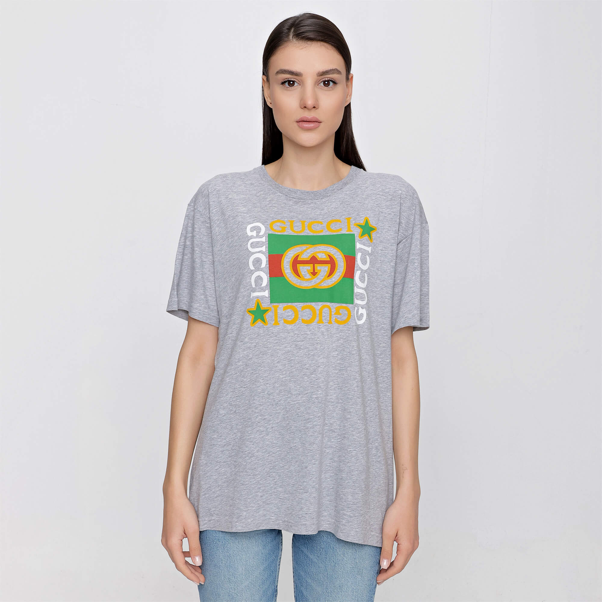 Gucci - Grey Oversized Gucci Print Cotton Vintage Logo Tshirt 